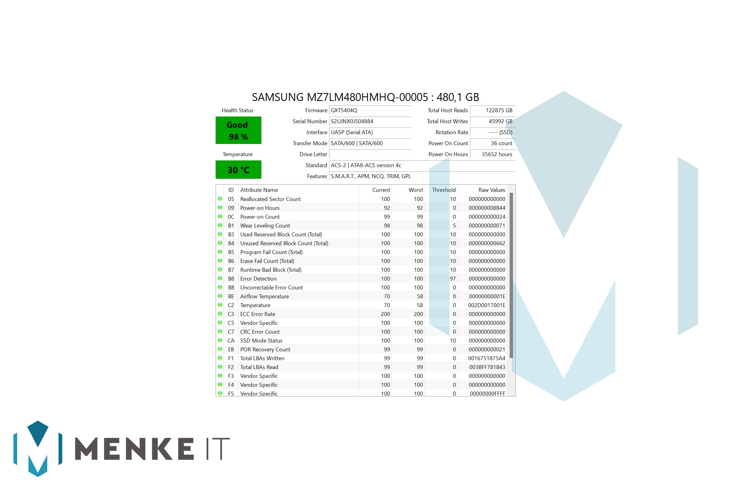 Samsung 480 GB SSD PM863a 2.5" SATA MZ7LM480HMHQ-00005 - 98% SSD Health!